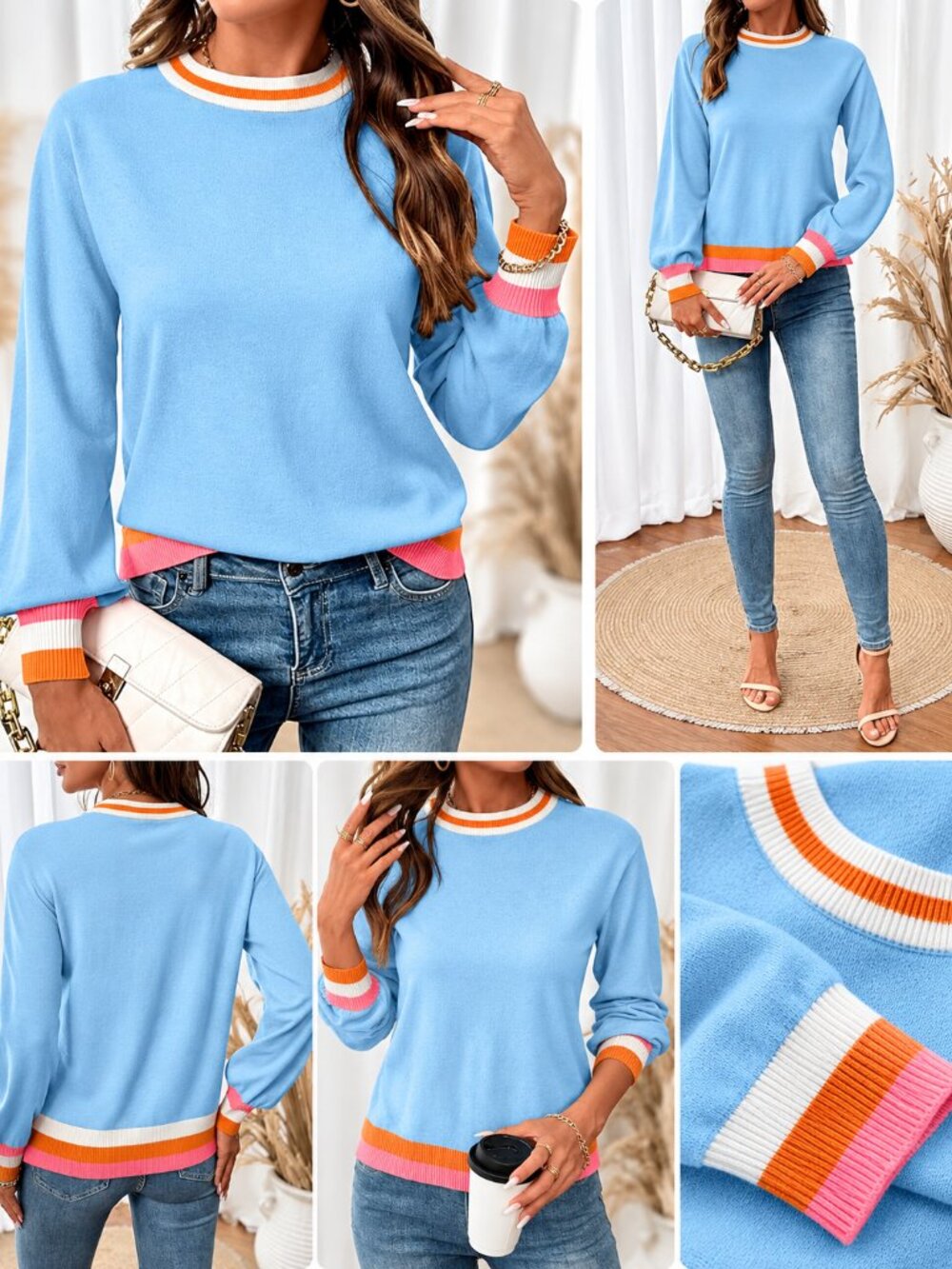 SHEWIN Blue Color Block Sweater Medium Crew Neck Long Sleeve Relaxed Fit